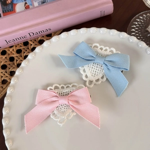 Sweet Korean style lace heart bow hair clips in pastel pink and light blue colors