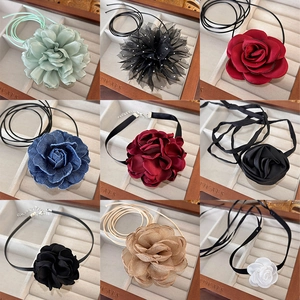 Handmade flower choker necklaces in denim chiffon and satin fabrics for women