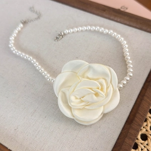 French style satin camellia pearl necklace with elegant cream fabric flower and white beads
