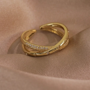 Vue macro détaillée de la bague croisée dorée avec sertissage de zircons scintillants
