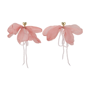 Pink tulle flower earrings with gold heart studs and long tassel bead accents for women