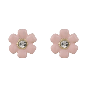 Boucles d'oreilles fleurs en émail rose avec cristal central et monture dorée chic