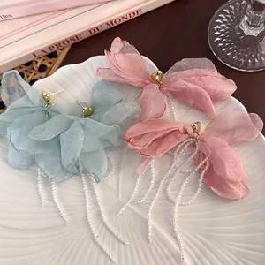 Heart Mesh Butterfly Long Tassel Earrings Elegant Organza Fabric Bead Drop Earrings For Women Party Wedding Jewelry