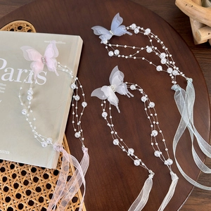 Elegant butterfly pearl tassel hair accessory with ribbon ties in three colors
