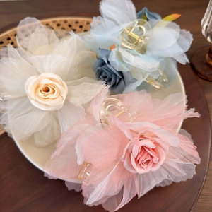 Grande Pinza per Capelli a Fiore in Rete Elegante Clip a Squalo con Rosa in Organza Dolce Fata Accessori per Capelli per Donna
