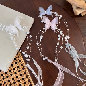 Elegant butterfly pearl ribbon necklace and hair tie set in white, pink and blue