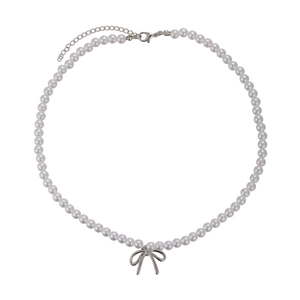 Elegant pearl necklace with silver bow pendant and adjustable lobster clasp for women