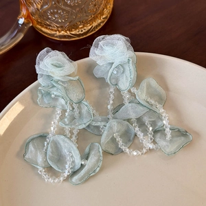 Detail of mint green organza floral earrings with elegant hanging beaded tassels
