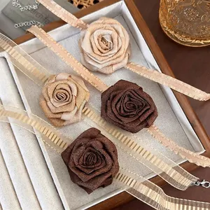 French Vintage Handmade Fabric Rose Flower Choker Necklace For Women Adjustable Ribbon Collar Neck Chain Party Jewelry
