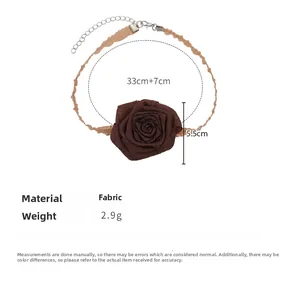 Detail view of 5.5cm fabric rose choker with dimensions 33cm plus 7cm extender