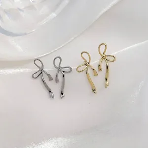 Fashion Minimalist Copper Ribbon Bow Stud Earrings For Women Elegant Gold Silver Color Ribbon Knot Stud Earrings Jewelry Gift