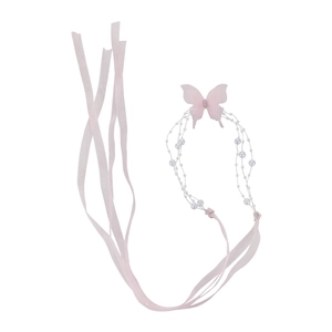 Elegant pink butterfly bow necklace with pearls and long ribbon tassels on white background