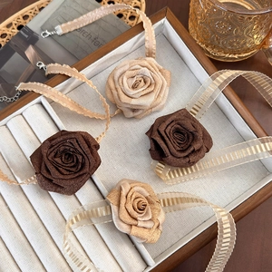 New Chinese style rose choker necklace set in champagne and brown silk fabric