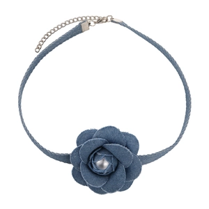 Denim rose choker necklace with pearl center and adjustable silver metal chain link