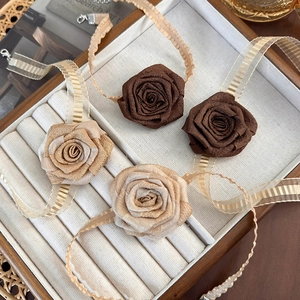 New Chinese style 3D dried rose flower choker with translucent ribbon and silver clasp