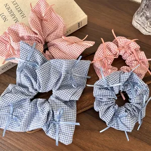Ballet Style Plaid Fabric Scrunchie With Ribbon Bows Fresh Sweet Large Hair Ring For Women Girls Daily Hair Accessories