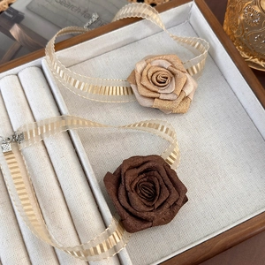 Elegant New Chinese rose choker necklace with silk petals and champagne mesh ribbon strap