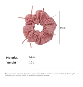 Pink checkered hair scrunchie with bows, 14cm diameter and 15g weight product specs