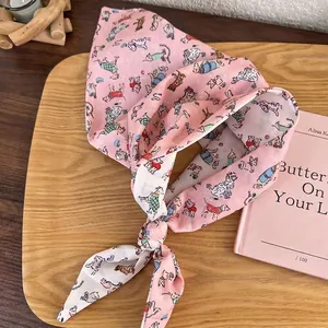 Cute Cartoon Dog Print Double-Sided Head Scarf For Women Japanese Style Sun Protection Polyester Triangle Bandana Hair Band Accessory