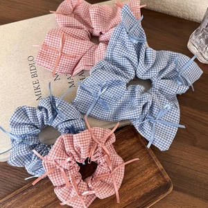 Pink and blue plaid bow scrunchies set with ribbon details for a balletcore aesthetic