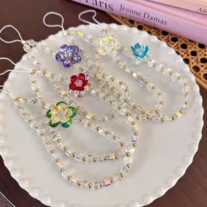 Colorful floral square glass beaded mobile phone charms and wrist straps in five vibrant colors