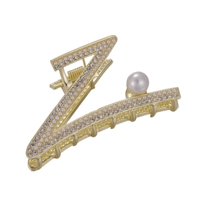 Pince à cheveux élégante en métal doré en forme de Z avec perles et strass chic