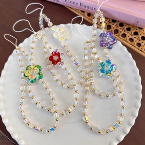 Colorful square glass bead flower phone wrist strap with iridescent crystal charms