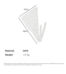 Lace triangle headscarf dimensions diagram showing 27cm by 38cm size and 12.5g weight