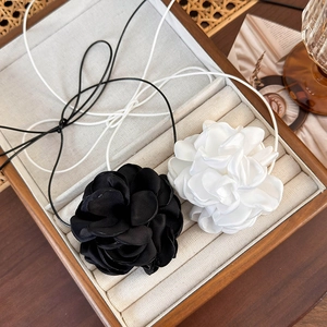 Gros plan détaillé de chokers roses en tissu noir et blanc dans une boîte à bijoux