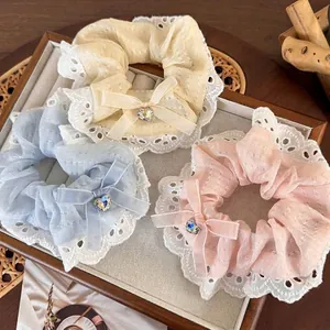 Korean Style Sweet Lace Bow Heart Rhinestone Scrunchie Oversized Fabric Hair Tie Elegant Ribbon Ponytail Holder For Women