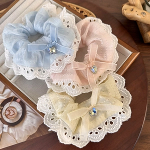 Three-piece set of lace bow hair scrunchies with heart rhinestones in pastel colors
