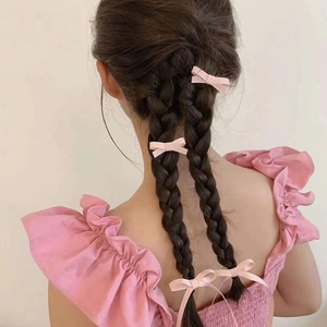 Pink ballet style ribbon bow hair clips set on braids for women and girls