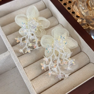 Detailed view of cream mesh flower earrings with pearlescent beads in a wooden box