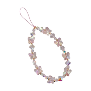 Pink butterfly acrylic bead phone strap with iridescent beads and gold accents