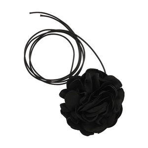 Elegant black fabric 3D rose flower choker necklace with adjustable woven long ribbons