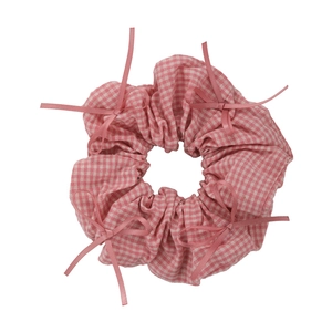 Pink and white checkered scrunchie with cute bow accents for girls hair accessories