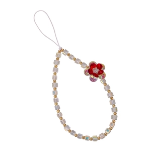Colorful square glass bead phone strap with red flower and gold accents on white background