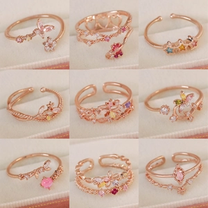 Dainty Copper Zircon Open Ring For Women Adjustable Geometric Heart Flower Butterfly Wave Bow Finger Ring Jewelry Gift