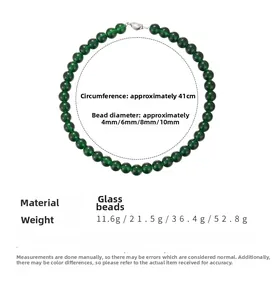 Size chart showing green glass bead necklace dimensions from 4mm to 10mm and 41cm length