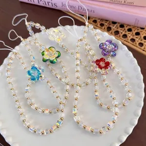Colorful Square Glass Beaded Phone Lanyard Anti-lost Wrist Strap With Crystal Flower Charm For Women DIY Phone Accessory