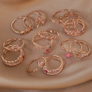 Adjustable rose gold rings with colorful cubic zirconia in butterfly and heart shapes