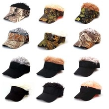 Grid view of various camouflage wig sun visors with different hair colors and patterns