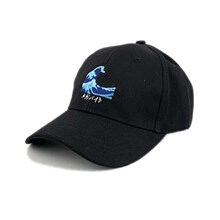 Detail of black cotton baseball cap with Japanese wave embroidery and wave pattern