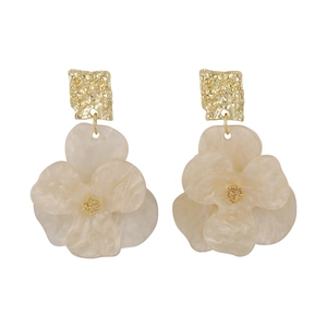 French vintage gold square stud earrings with ivory acrylic flower petal pendants