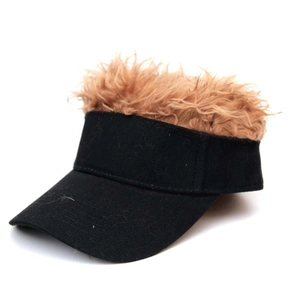 Detailed view of novelty baseball cap with synthetic light brown wig on top