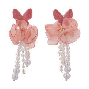 Elegant floral tassel earrings with pink butterfly motif and delicate white pearls