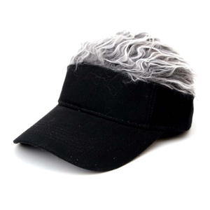 Detail of creative baseball cap featuring funny grey and white fuzzy hair wig on top