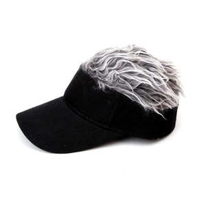 Side view of black visor hat featuring realistic grey curly hair wig for golf and parties