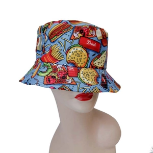 Reversible Fast Food Cartoon Print Bucket Hat For Men Women Light Blue Black Sun Protection Outdoor Summer Fisherman Cap
