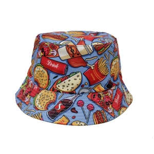 Reversible bucket hat with light blue food patterns including burgers and snacks